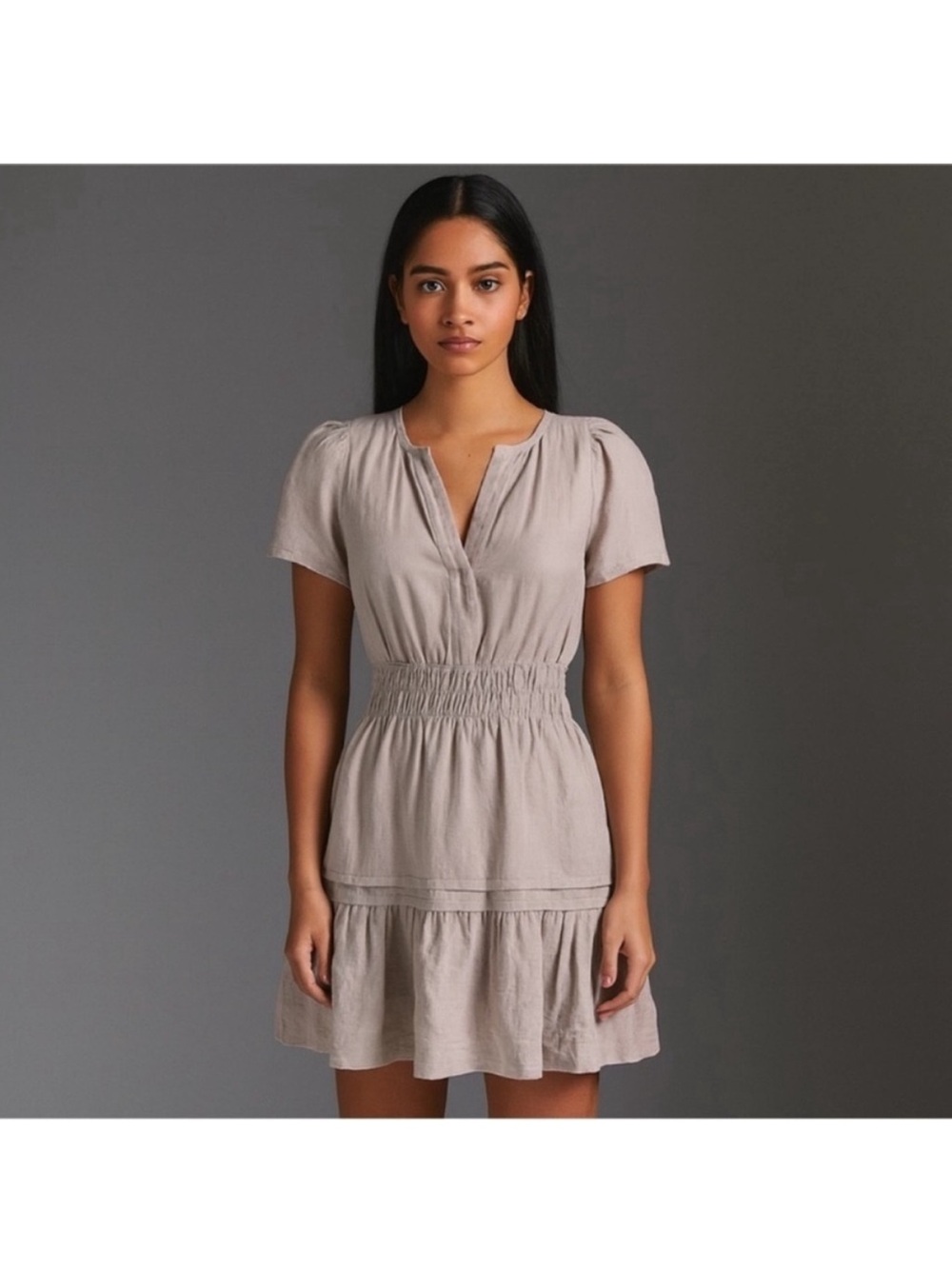 Anthropologie Somerset Mini Dress Smocked Tiered V Neck Linen Tan Brown Size Xxs